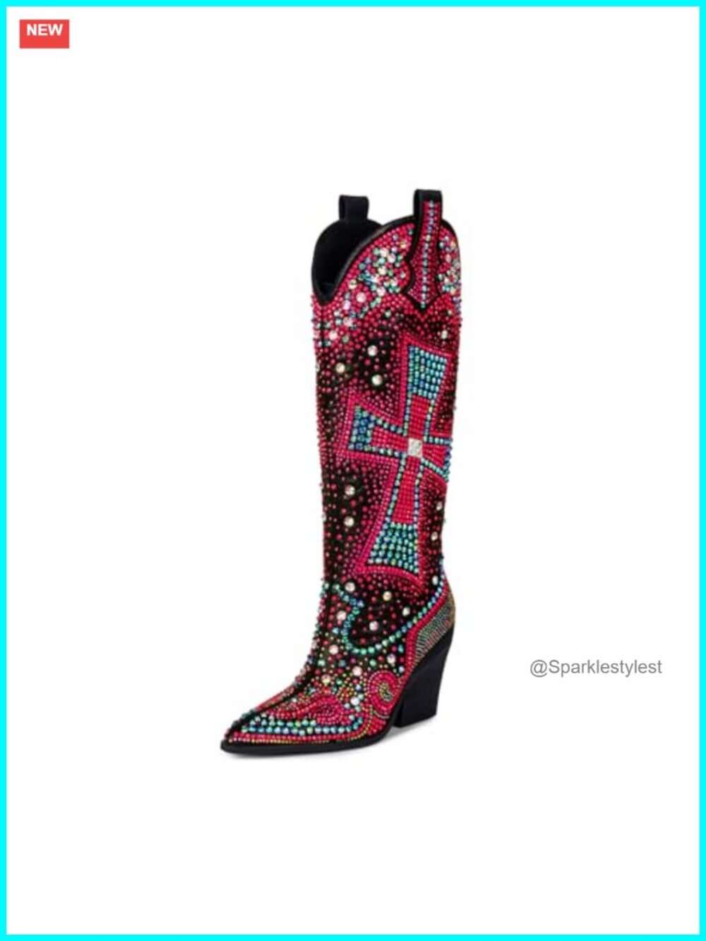 Knee High Rhinestone Western Boots Chunky Heel Pointed Toe